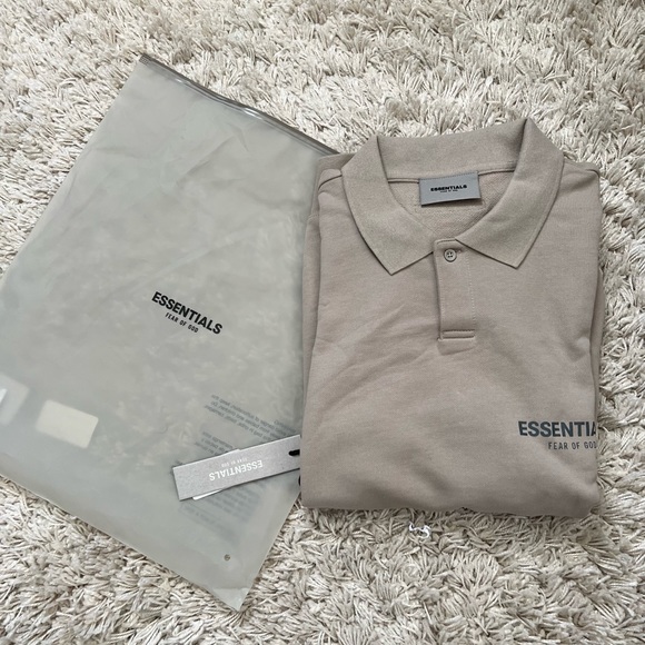 Fear of God Essentials Core Collection Long Sleeve Polo Medium String/Tan - Picture 6 of 10